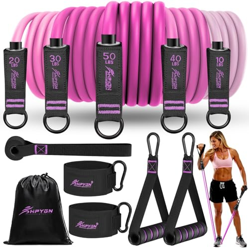 HPYGN Fitnessbänder Set, 150lbs 200lbs 250lbs Resistance Bands 5 Verschiedene Stärken, Widerstandsbänder Set mit Griffen Knöchelriemen und Türanker Tragbarer Rucksack, für Indoor Home Gym und Outdoor