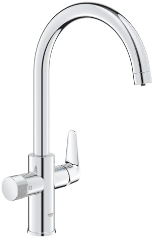 GROHE Blue Pure BauCurve – Grifo con filtro de agua de 3 vías (caño alto en C, giro 150°, mando de filtrado, cartucho cerámico 28 mm, latiguillos 3/8, requiere set de filtrado), cromo, 30580000