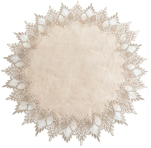Runde Tischdecke Klein aus Leinen im 60 x 60 cm Format, Beige Tischdecke Klein mit Elegantem Spitzenrand, Stilvolles Tischdecke Rund für Küche und Esszimmer