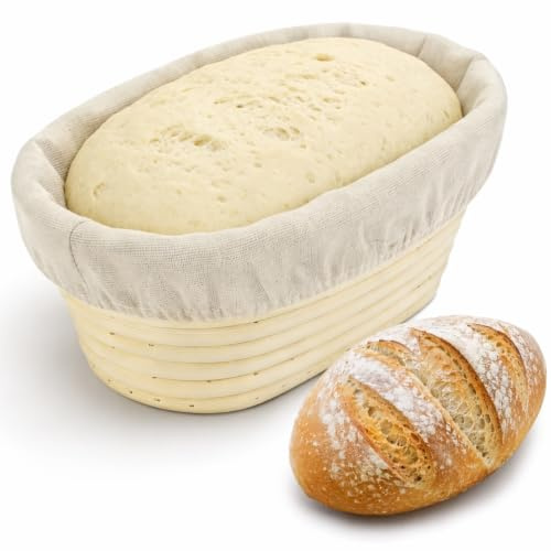 Oval Banneton Basket, 25cm Linen Liner Natural Rattan | Bread Sourdough Proving, for Artisan Bread Making Professional Home Bakers