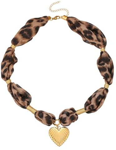 IMINI Collana girocollo in tessuto di seta con stampa leopardata a cuore carino per donna Collane con pendente a catena regolabile con conchiglia robusta in acciaio inossidabile Gioielli spiaggia