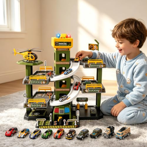 Garage de stationnement à 5 étages pour enfants, kit de jeu avec musique et effets de lumière, avec 14 voitures jouets et 1 hélicoptère, parking avec ascenseur, cadeaux pour garçons et filles (thème