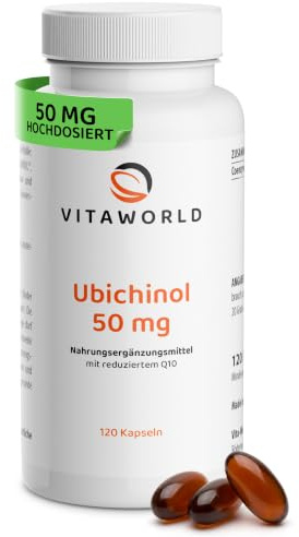 vitaworld Ubichinol 50 mg Kapseln, Aktive und damit leichter absorbierbare Form des Q10, 120 Kapseln | mit 250 mg DHA aus Mikroalge Schizochytrium sp. – EPA & DHA für normale Herzfunktion – ohne Gelatine – Made in Germany