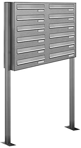 AL Briefkastensysteme 12er Edelstahl Durchwurfbriefkasten, Standbriefkasten modern, 12 Fach Briefkastenanlage V2A Edelstahl Postkasten