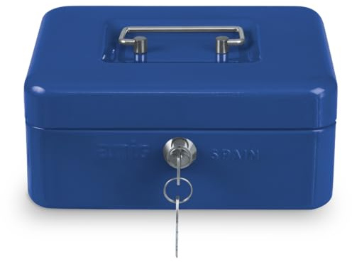 Amig - Sicher | Geldkassette | Safe für Geld, Scheine und Münzen | Mit Münzfach und 2 Schlüsseln | Stahl | Farbe: Blau| 150 x 110 x 70 mm