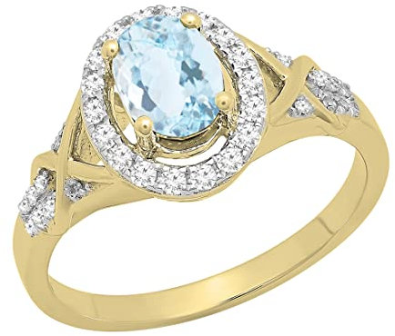 Dazzlingrock Collection Verlobungsring 14 Karat Gold Ovalschliff Aquamarin & Rundschliff Diamant Spaltschaft Halo Verlobungsring, Gelbgold, Aquamarin