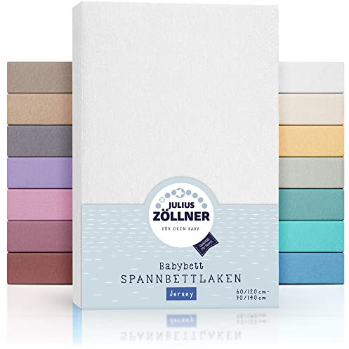 Julius Zöllner Jersey Spannbettlaken für Baby- & Kinderbett, 100% Jersey-Baumwolle, OEKO-TEX Standard 100 zertifiziert, Größe: 60x120cm / 70x140cm, 2er Pack, weiß