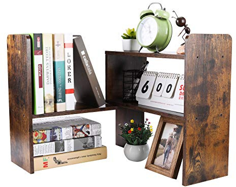 PAG Desktop Kleines Regal Einstellbare Holz Bücherregal Klein,Schreibtisch Organizer und Zubehör Display Rack, Für Büro, Schule und Zuhause,Retro Braun