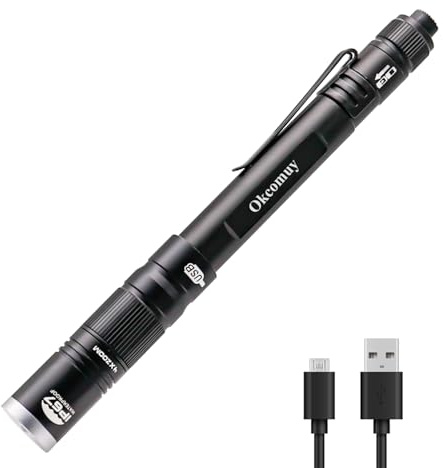okcomuy Rechargeable LED Pocket Pen Light Flashlight, IP67 Waterproof EDC