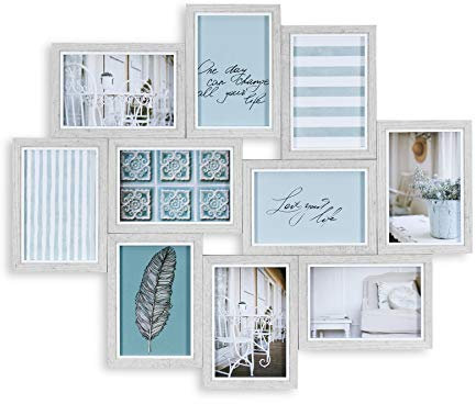 Cornice portafoto collage 10 foto, 59 x 50 cm, colore grigio, bianco, 10 x 15 cm, in legno, moderna, decorazione per la casa, decorazione da parete