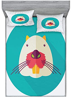 Ambesonne Colorful Fitted Sheet & Pillow Sham Set, Beaver Portrait with Small Eyes and Giant Teeth Cartoon Style Animal Illustration, Decorative Printed 3 Piece Bedding Decor Set, Queen, Multicolor