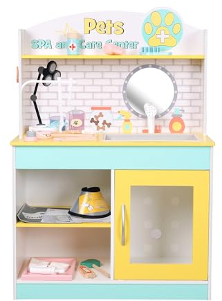 Teamson Kids Wooden Little Helper Pretend Pets Spa and Care Centre Play Stand Pretend Vet Clinic Cat Dog with 19 Role Play Accessories Green/Yellow