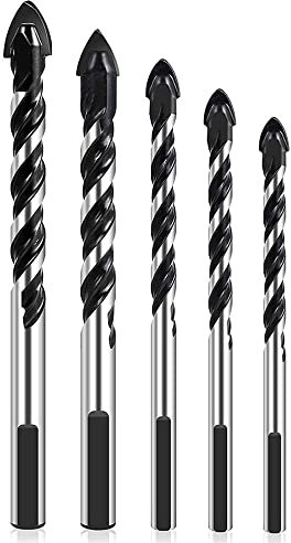 5-teiliges Set für Steinbohrer, Hartmetall, Dreieck-Bohrer, Spiralbohrer, Set für Fliesen, Beton, Ziegel, Holz, Metall, Glas, Kunststoff