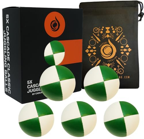 Cascade Juggling Lot de 5 balles de jonglage Pro Thud 115 g – Vert et blanc avec sac de transport – Idéal pour les débutants et tous les âges