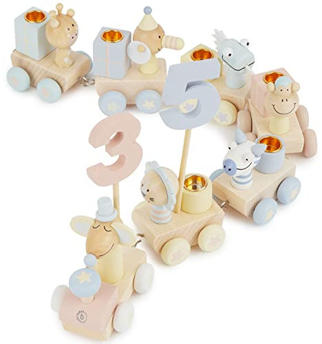 Bieco Geburtstagszug Holz - Candy Look 0-99 Jahre mit 6 Kerzen - Tischdeko Kindergeburtstag Kerzen Geburtstag Zug Geburtstagszug Mädchen Geburtstagskranz Geburtstagskerzen Zug Geburtstagsring Deko