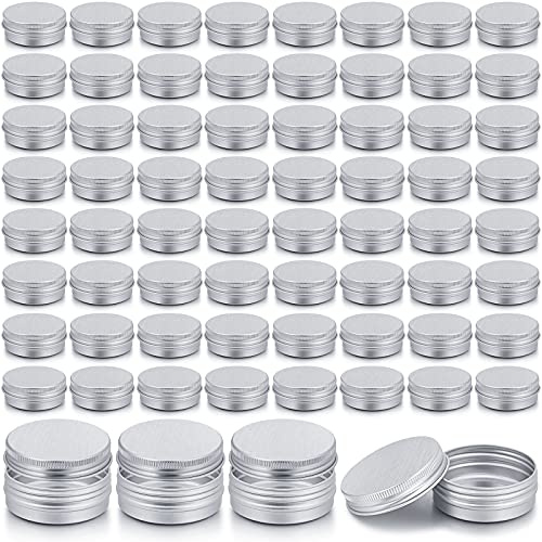 Patelai 64 Pieces Lip Balm Tin Containers Screw Top Round Tin Cans Aluminum Jar with Screw Lid, Empty Bottle Travel Cosmetic Sample Container for DIY(1 oz,Silver)