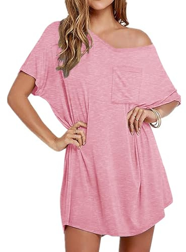 Ekouaer Womens Tshirt Nightgown Cotton V Neck Sleepshirts Comfy Casual Nightshirt for Women, Pink, XX-Large