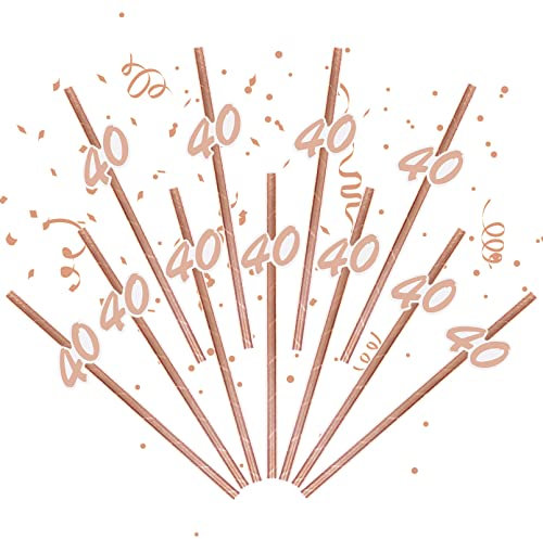 20Pcs 40th Birthday Straws, Rose Gold Birthday Party Straws, Birthday Paper Straw Decor