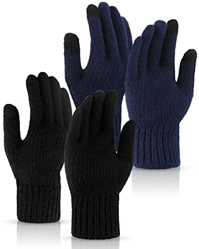 SATINIOR 2 Paar Winter Warme Touchscreen Handschuhe Winddicht Thermo Strickhandschuhe für Damen Herren Fahrrad (Schwarz, Marineblau)