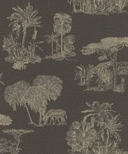 Rasch Tapete 555035 Schwarze Vliestapete mit Safari-Motiven in Gold aus der Kollektion Lirico - 10,05m x 0,53m