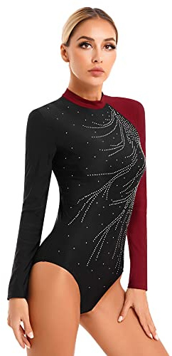 iEFiEL Damen Glitzer Turnanzug Langarm Sportbody Yoga Tanzanzug Einteiler Trikotanzug Gym Leotard Eiskunstlauf Anzug Tanzkostüm Burgundy L