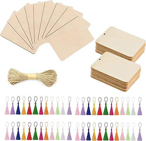 94PCS Holz Blanko Lesezeichen, BetterJonny 45 Stücke Lesezeichen aus Holz mit 48 Bunten Quasten 13m Seile Rechteck Leeres Lesezeiche mit Löchern für DIY Lesezeiche Handwerk Geschenke Tag, 6,3x8,9 cm