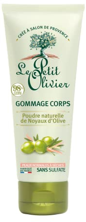LE PETIT OLIVIER - Gommage Corps - Poudre Naturelle de Noyaux d'Olive - Exfolie, Lisse & Adoucit - Peaux Normales à Sèches - 98% d'Origine Naturelle - Sans Sulfate - Fabriqué en France - 200 ml