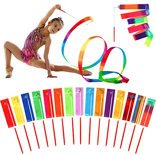 Yilloog 15 Pcs Ribbon Dancing Wands 78.7 Inch Gymnastics Ribbon Streamers Rainbow Artistic Dancer Twirling Wands, Rainbow Birthday Decorations