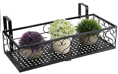 Macetero de Ventana, 20 Pulgadas, Estante de Hierro para Colgar Flores, Estante de Cesta, Jardinera de Barandilla de Cubierta de Ventana de Hierro, Estante de Barandilla Decorativa de Metal Negro