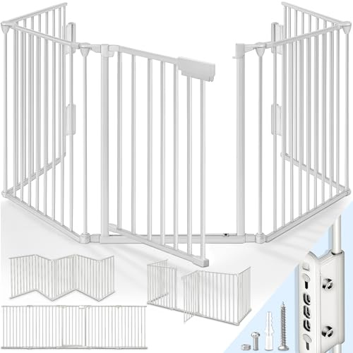 KIDUKU® Kaminschutzgitter mit Tür Metall 600 cm | Absperrgitter ohne Bohren | Ofenschutzgitter als Kinderschutz faltbar | Konfigurationsgitter für Baby & Kinder | Hundegitter inkl. 10 Elementen (Grau)