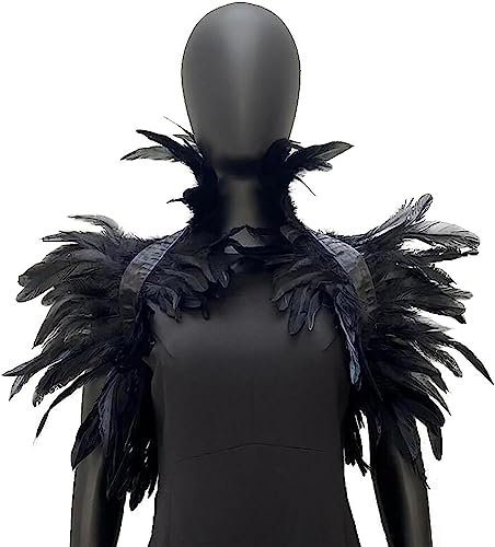 FLAVAS Gothic Feder Achselzucken Schal Halloween Party Kostüm, Umhang Schwarz Kostüm Damen Feder Umhang Cape Federboa Feder Schal Gothic für Halloween Cosplay Verkleidung (I)