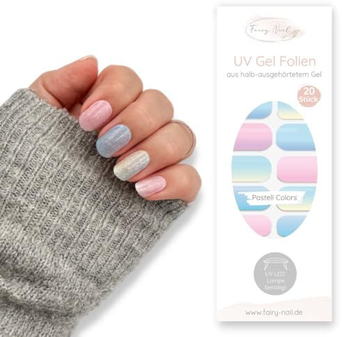 Fairy Nail UV Nagelfolien selbstklebende Gelfolien halb ausgehärtet 20 Stück Nailwraps Nagellackstreifen zum aufkleben… (Pastell Ombre Glitter)