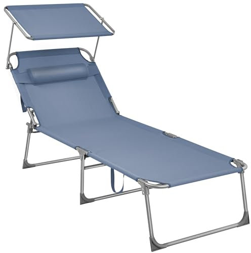 SONGMICS Bain de Soleil Grand, Chaise Longue Pliable, Transat, 71 x 200 x 38 cm, Capacité de Charge 150 kg, avec Pare-Soleil, Dossier Inclinable, pour Jardin, Piscine, Terrasse, Bleu GCB022Q01
