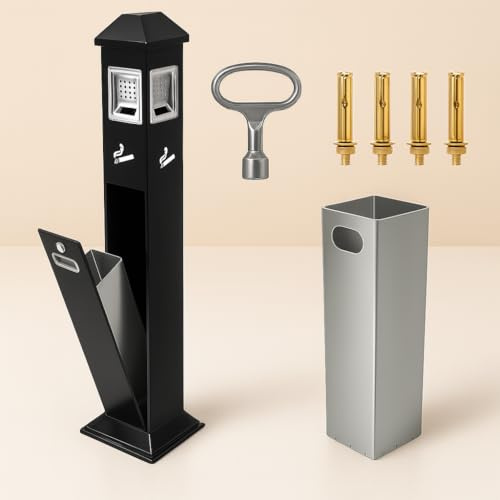 Wadoy 47.2 Outdoor Cigarette Ashtray, Standing Metal Cigarette Butt Receptacle with 4-Side Access, Removable Inner Bucket &Lockable Lid, Heavy Duty Steel Commercial Ashtray for Patio, Hotel, Office