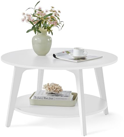 VASAGLE Coffee Table, 2 Tier Round Coffee Table with Storage, for Living Room, 80 x 45 cm, Easy to Assemble, Snow White LCT243W14