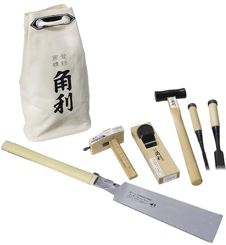 KAKURI Japanese Woodworking Hand Tool Set for Beginner 7 Pcs (Japanese Plane, Chisels, Saw, Hammer, Marking Gauge, Bag) Made in JAPAN