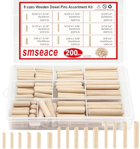 smseace Wooden Dowel Pins with Tapered End with Bevel Angle Groove Wood Pegs - 9 Sizes 6/25inch 5/16inch 3/8inch(6mm, 8mm, 10mm) Used for Crafts, Furniture, Door, DIY