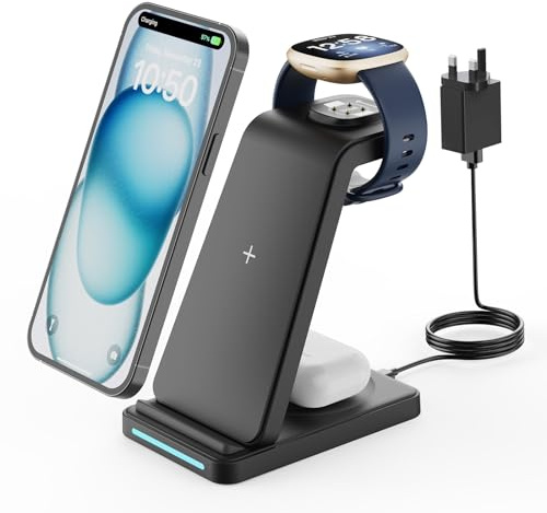Wireless Charger for Fitbit Charging Station - GEEKERA 3 in 1 Phone Charger Stand for Google Pixel Watch 3/2/Fitbit Sense 2/Sense/Versa 4/3, iPhones/Samsung/Google Phones, AirPods 4/Pro/3/2-Black