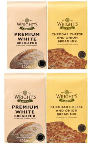 Wright's selection 2 pack Each | Premium White Bread Mix 2X500g And cheddar and onion bread mix 2X500g | Simply Add Oil and Water | For Machine or Hand Baking | Suitable for Vegetarians (NP)