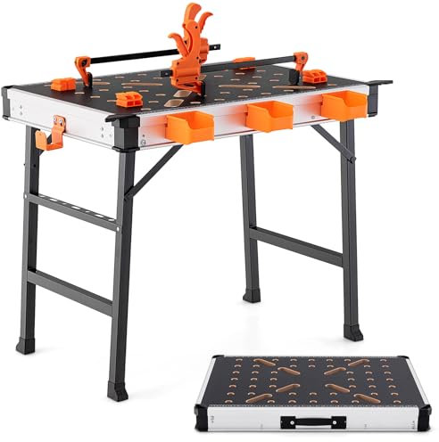 COSTWAY 85cm Folding Workbench, 450kg Capacity Work Table with 2 Quick Clamps, 4 Clamp Dogs, 3 Tool Boxes & Measuring Guides, Heavy Duty Metal Workmate Bench for Workshop Garage