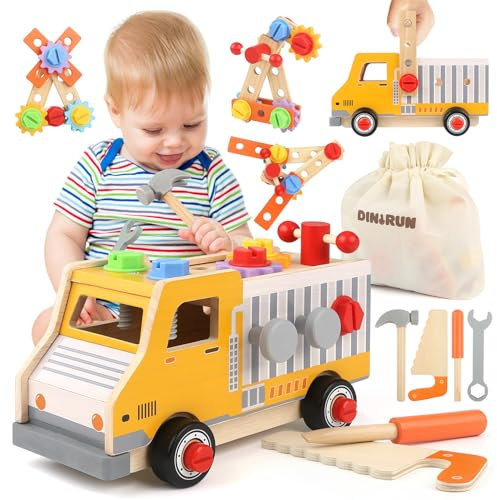 DINORUN Werkzeugkoffer Kinder, Kinderwerkzeug Kinderspielzeug, Holzspielzeug Montessori Spielzeug ab 2 3 4 Jahre Werkbank Kinder Geschenk Junge Mädchen 3 4 5 6 Jahre (47 Stück)