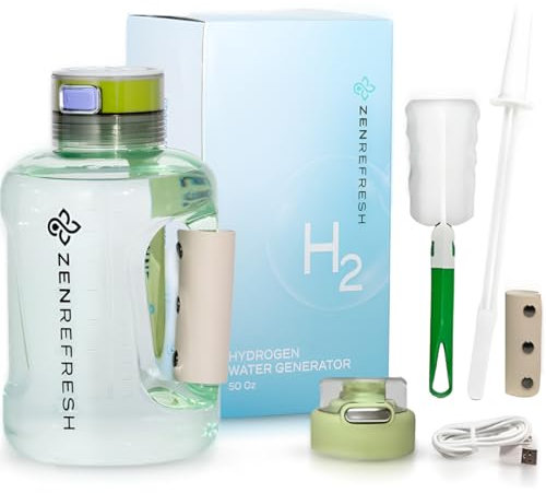 Zen Refresh Botella de agua de hidrógeno de 50 onzas, nueva tecnología SPE/PEM 2024, botellas de hidrógeno grandes para gimnasio, generador de botellas de agua de hidrógeno de viaje con popote y tapa
