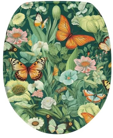 COEQINE Plush Bathroom Elongated Toilet Seat Cover Soft Plush Cover With Elastic Bottom for Women Men Green Butterfly Floral Fashion Modern Style Portable Home Decoration Accessories