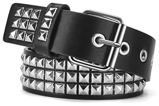 HMZT Schwarzer Gürtel für Damen und Herren, Nietengürtel Y2K Emo Gothic Grunge 80S PU-Leder Zubehör für Jeans, Silberfarbene Nieten, L fits 38-43’’