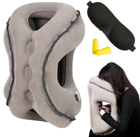 LEKEFETO Aufblasbares Reisekissen Nackenkissen Aufblasbares Kissen Tragbare Reisekissen Nackenstützkissen Bequem Unterstützt Kopf und Kinn für Flugzeug, zum, Zug Reise, Camping(Augenmaske, Ohrstöpsel)