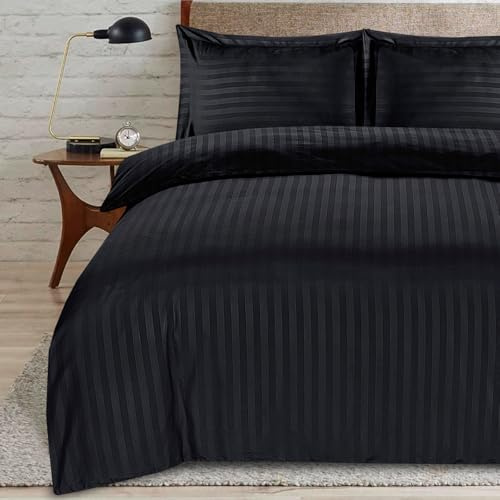 ZZZMRH Premium Quality Duvet Covers, Soft Breathable King Size Bedding Sets with Satin Stripes, Hypoallergenic Reversible Duvet Covers - 2 Pillowcases Included (Black, King Size)