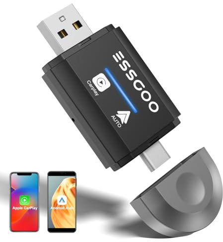 ESSGOO CarPlay Wireless Adapter für Apple,Android Auto Kabelloses Car Bluetooth WiFi Adapter USB C/A,Plug und Play,Mini,Sprachgesteuerte, für iPhone iOS 10+,Android 11+&Wired CarPlay Autos ab 2016