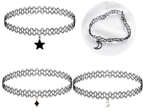 Visxcnu 4 Stück Tattoo Kette 90s,Leicht Tattookette Stretch,Choker Kette Damen Modische Vintage,Hohlgewebe Tattoo Halskette,Kette Rhombisch-Stern-Perlen für Mädchen Frauen Mädel Kinder