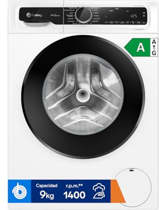 Balay - Lavadora, 9 kg, Carga Frontal, Autodosificacion, Display LED, ProgramaPlancha, antimanchas, Programa rápido, 1400 r.p.m., Blanco, 3TS395BDS