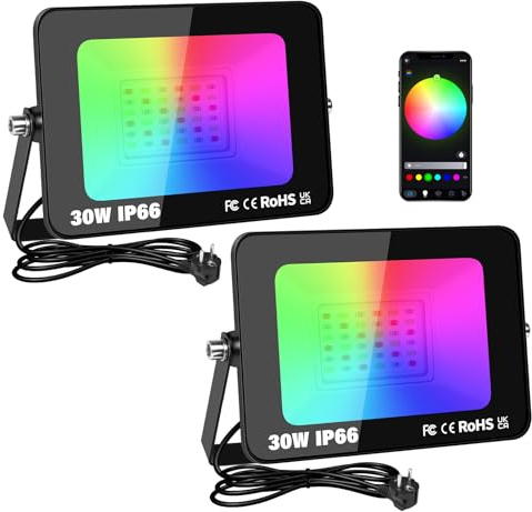 SKYWORLD 2 piezas Foco RGB Exterior 30W, Proyector con APP Bluetooth y Temporizador, 16 Millones de Colores, IP66 Impermeable Foco Led RGB para Jardín, Garaje, Patio, Terraza, Hotel, Campo